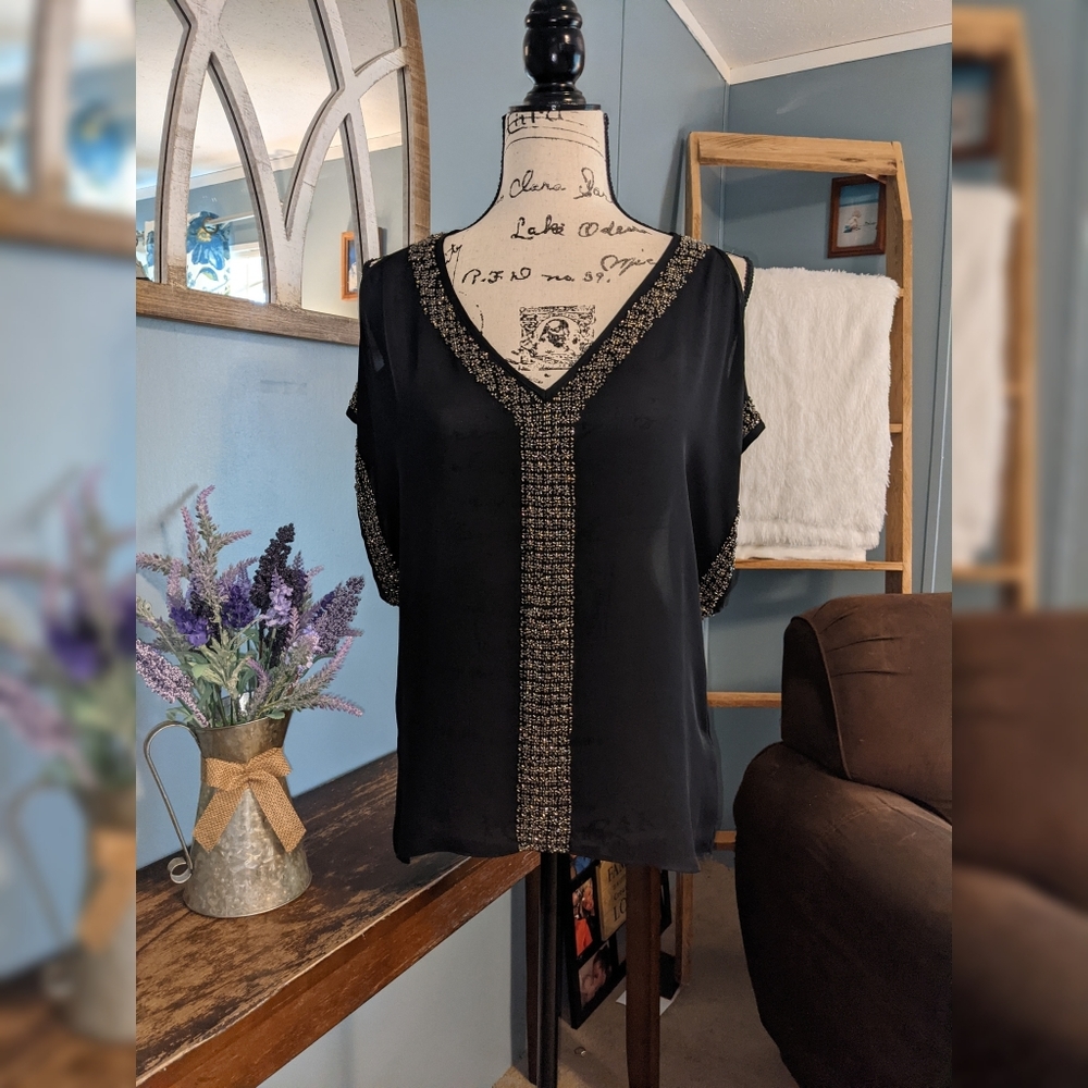 Parker Black Sequin Cold Shoulder Top